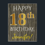 Fauxträ, 18th födelsedag för Fauxguld   Vykort<br><div class="desc">Detta enkelt, design för personligfödelsedagvykort presenterar meddelandet "den 18th FÖDELSEDAGEN för LYCKLIG", med "18th" ha en utseendemässig fauxguld-något liknande. Bekläda presenterar också ett beställnings- namn och en wood lookbakgrund för faux. Baksidaen presenterar ett personligfödelsedagmeddelande, tillsammans med anpassadeadressen av den mottagareare födelsedagvykortet. Den kunde vara fallen för någon som firar deras...</div>