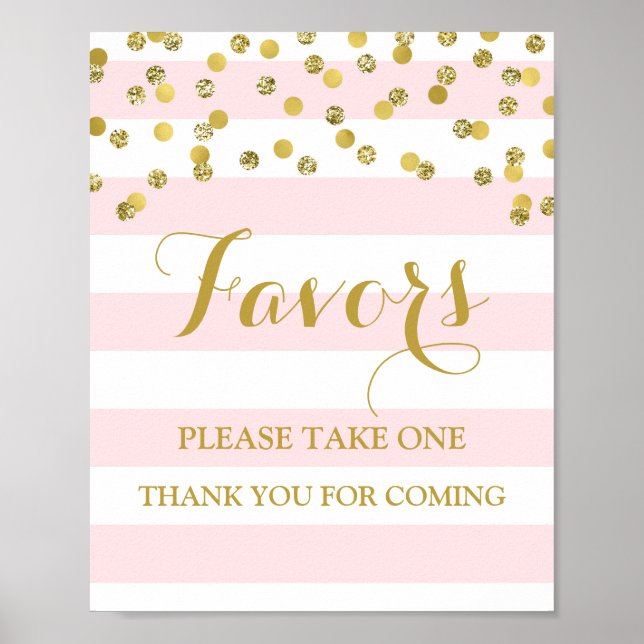 Favor Baby Shower Skylt Rosa Ränder Guld Konfetti (Framsidan)
