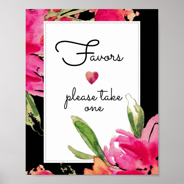 Favor Bröllopsskylt | Vattenfärg Fuchsia Blommor Poster (Framsidan)