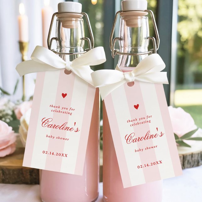 Favor för Rosa randig hjärtvalentin Baby Shower Presentetikett (Skapare uppladdad)