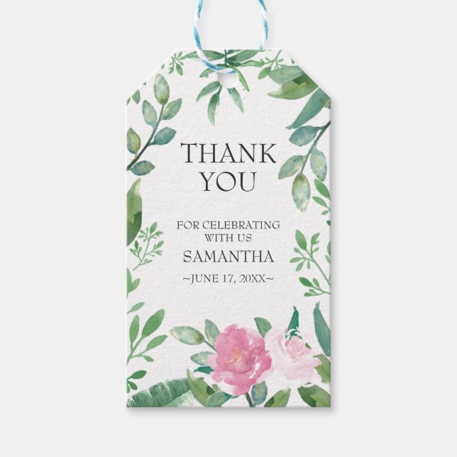 Favor Gift Märkre Rosa ros Greenery Presentetikett (Framsidan)