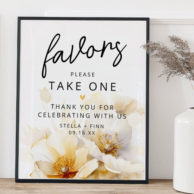 Favor Please Ta En Vit Guld Blommor Poster (Favor Please Take One White Gold Florals Poster)