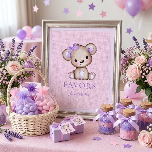 Favor Skylt Söt Flickas Björn Baby Shower Lila (Skapare uppladdad)