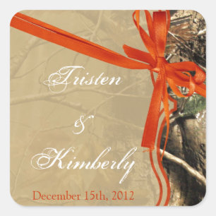 Favor Stickers Hunters Camoflouge Camo Orange Träd Fyrkantigt Klistermärke