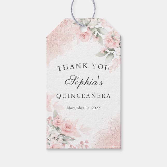 Favor Tack Rosa Ros Quinceañera  Presentetikett (Framsidan)