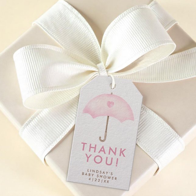 Favorit etikett för rosa paraply-baby shower (Thank you Gift Tag - Girl Baby Shower)
