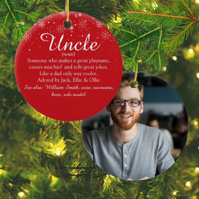 Favorit Farbror Definition Foto Snöflingor Skript Julgransprydnad Keramik (Favorite Uncle Definition Photo Snowflakes Script Ceramic Ornament)