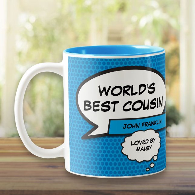 Favorite Cousin Roligt Tecknad Bok Blue Två-Tonad Mugg (Favourite Cousin Fun Comic Book Blue Two-Tone Coffee Mug)