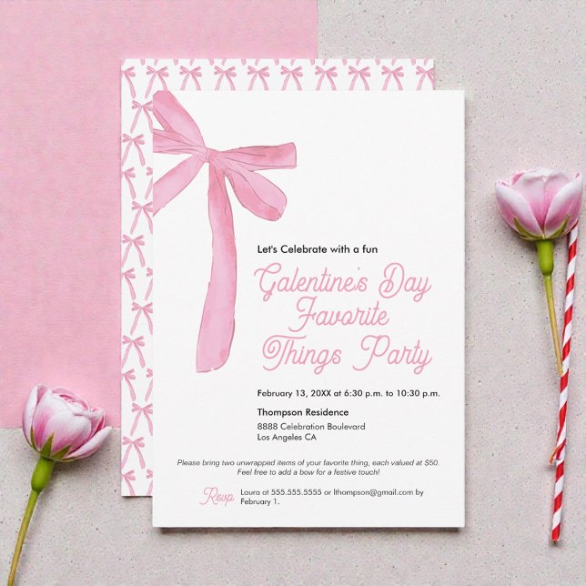Favorite sak Galentine's Party Rosa Bow Theme Inbjudningar (Coquette ribbon bows Galentine’s favorite things party invitation )