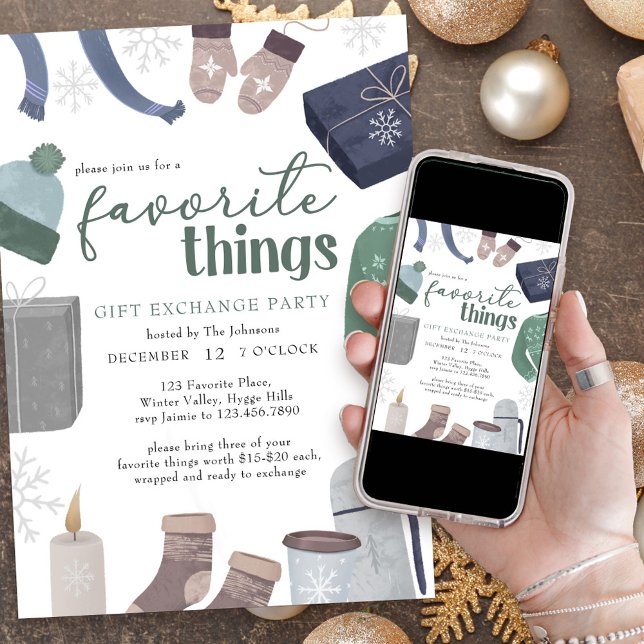 Favorite Sak Mysigt Winter Gift Exchange Party Inbjudningar (Favorite Things Holiday Gift Exchange Party Invitation)