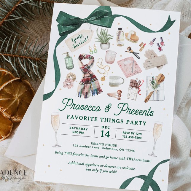 Favorite Sak Party Inbjudan Prosecco och Presenter (Prosecco and Presents Favorite Things Party Invitation featuring illustrations of gifts to exchange)