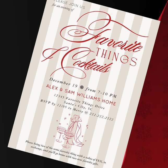 Favorite Things & Cocktails Holiday Gift Exchange Inbjudningar (Favorite Things & Cocktails Holiday Gift Exchange Elegant Preppy Millennial Christmas Invitation)