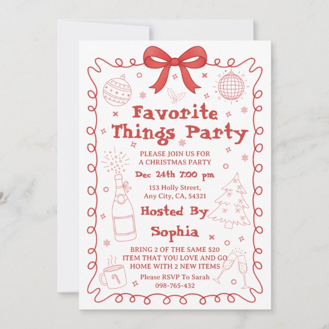 Favorite Things Party Red Pink Bow Christmas Julkort (Framsida)