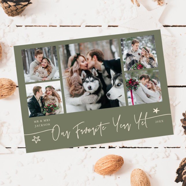 Favorite Year Holiday Newlywed Photo Sage Green Julkort (Skapare uppladdad)