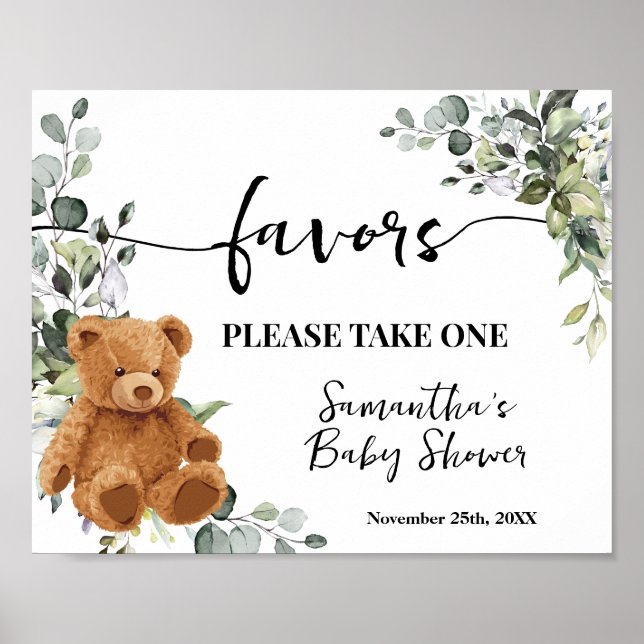 Favoriter Bear Greenery Eucalyptus Baby Shower Sig Poster (Framsidan)