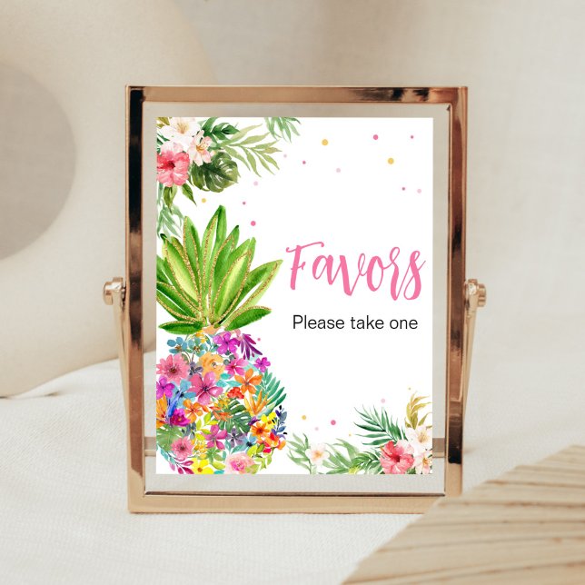 Favoriter för ananas i den tropiska Blommigten Poster (Aloha Pineapple Baby Shower Favors Sign)
