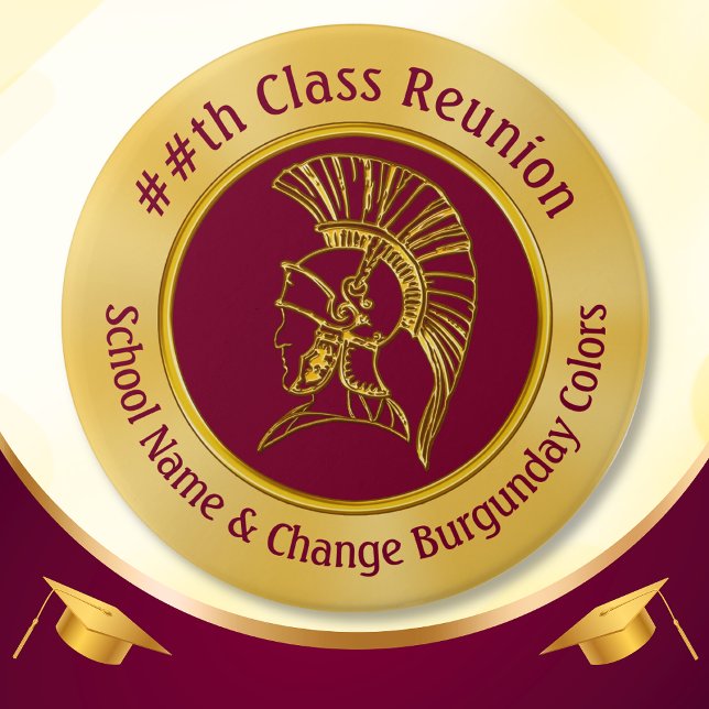 Favoriter för återförening av trojansk klass, ditt knapp (Cheap class reunion gifts. Burgundy Maroon and Gold, Trojan Class Reunion Favors, 55th, 60th, 45th.)