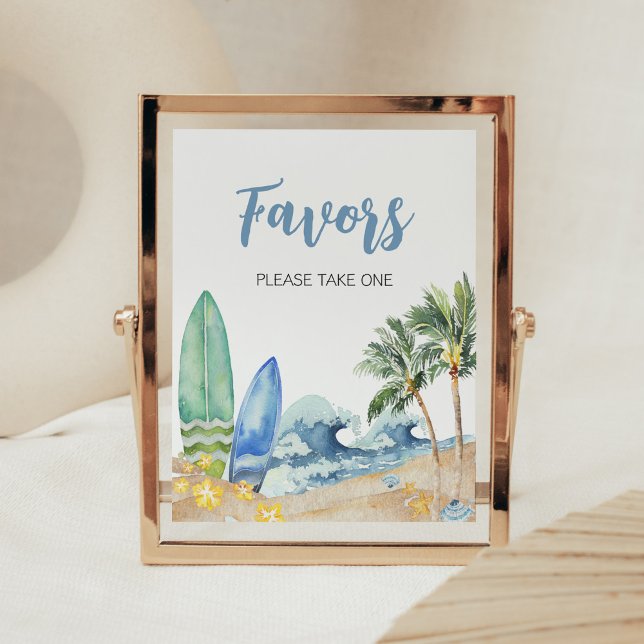 Favoriter för Baby-babyskor ombord på boet Poster (Surfing Summer Boy Baby Shower Favors Sign)