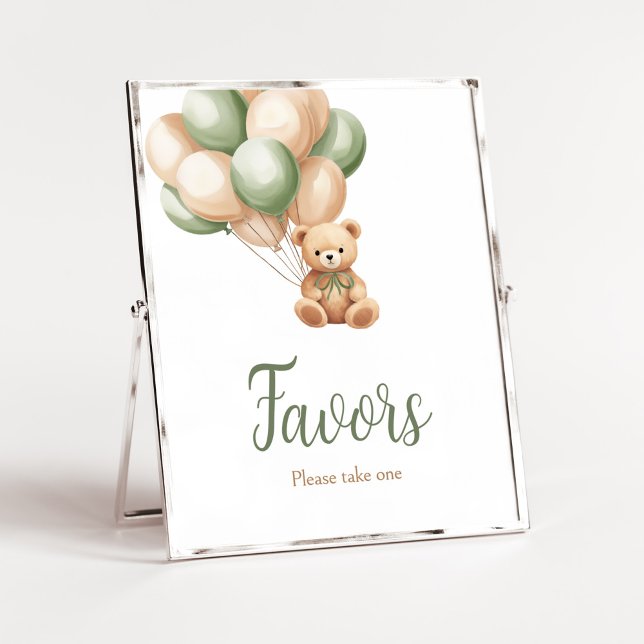 Favoriter för babybabykläder för Sage Grönt Bear B Poster (Green Boho Bear Baby Shower Favors Sign)