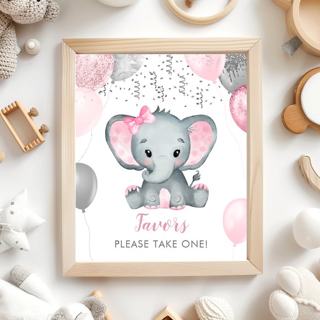 Favoriter för babybabyskor för cute Girl Elephant  Poster (Cute Girl Elephant Balloons Baby Shower Favors Poster)