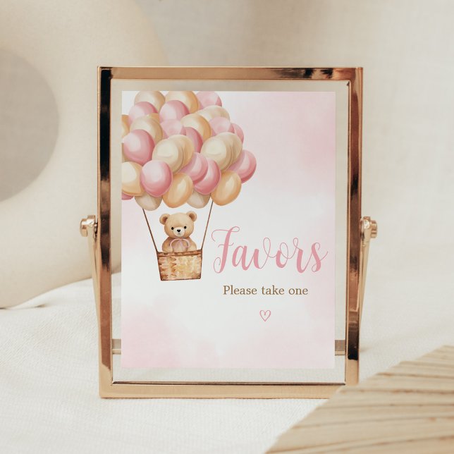 Favoriter för babykläder för rosa Bear Luftballong Poster (Girl Bear Boho Baby Shower Favors Sign)