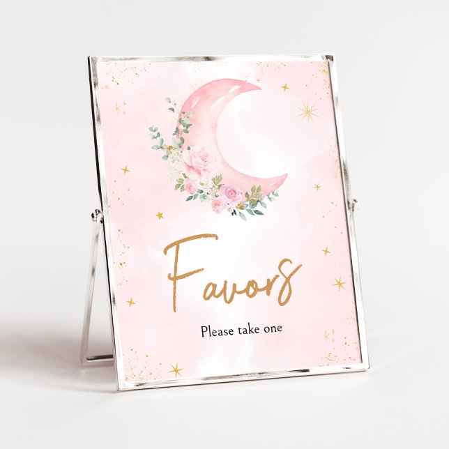 Favoriter för babykläder för rosa Måne och stjärno Poster (Twinkle Little Star Baby Shower Favors Sign)