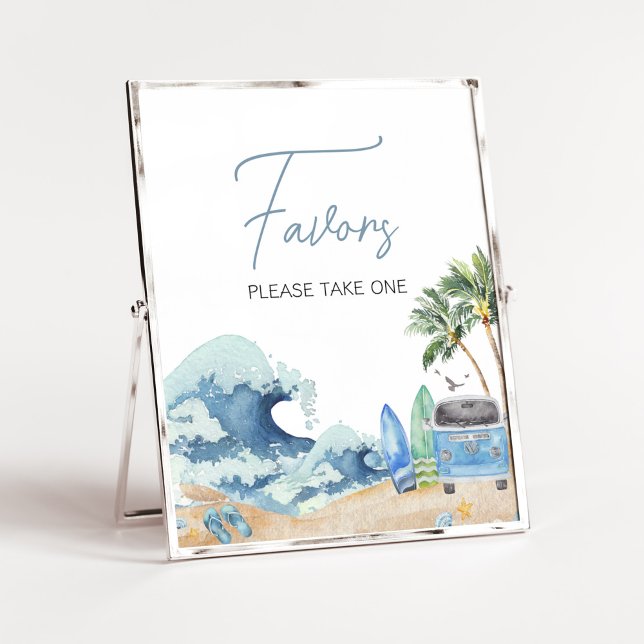 Favoriter för babykläder för surfa Board Beach Poster (Surfing Summer Baby Shower Favors Sign)