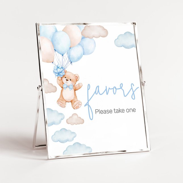 Favoriter för babykläder med blå björn poster (Blue Baby Bear Balloon Baby Shower Favors Sign)