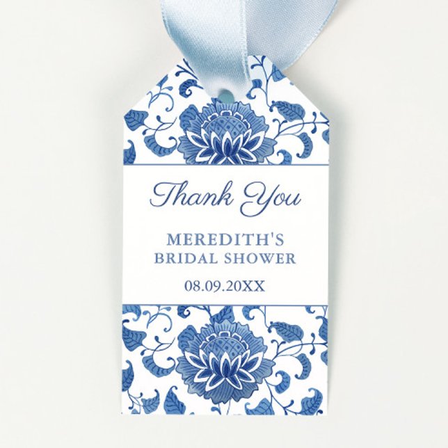 Favoriter för blå och vit Möhippa i kinesisk Blomm Presentetikett (Chinoiserie Chic bridal shower favor tag design with a hand painted blue and white watercolor print)