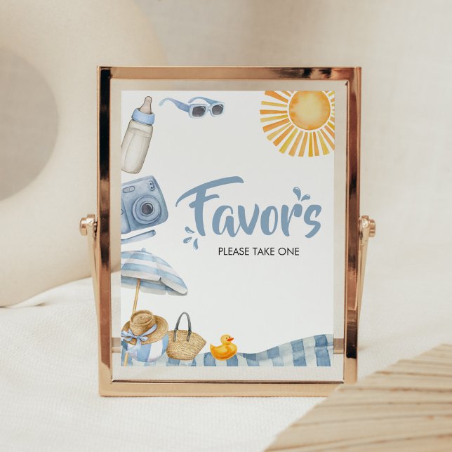 Favoriter för Blue Beach Summer Baby Shower Poster (Boy Splish Splash Baby Shower Favors Sign)