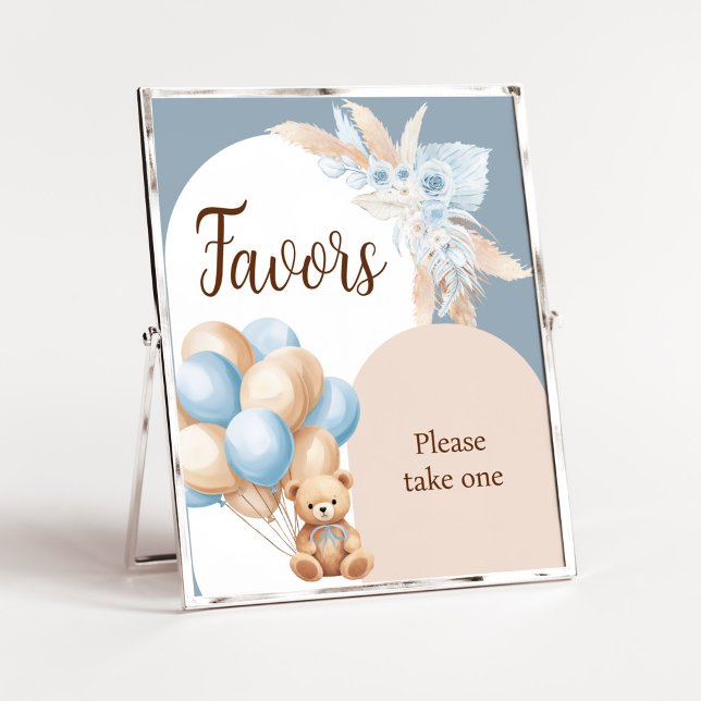 Favoriter för Blue Boho Bear Balloon Baby Shower Poster (Boy Bear Arch Balloon Baby Shower Favors Sign)