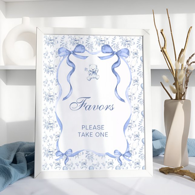 Favoriter för Blue Bow Toile Bear Baby Shower Poster (Skapare uppladdad)