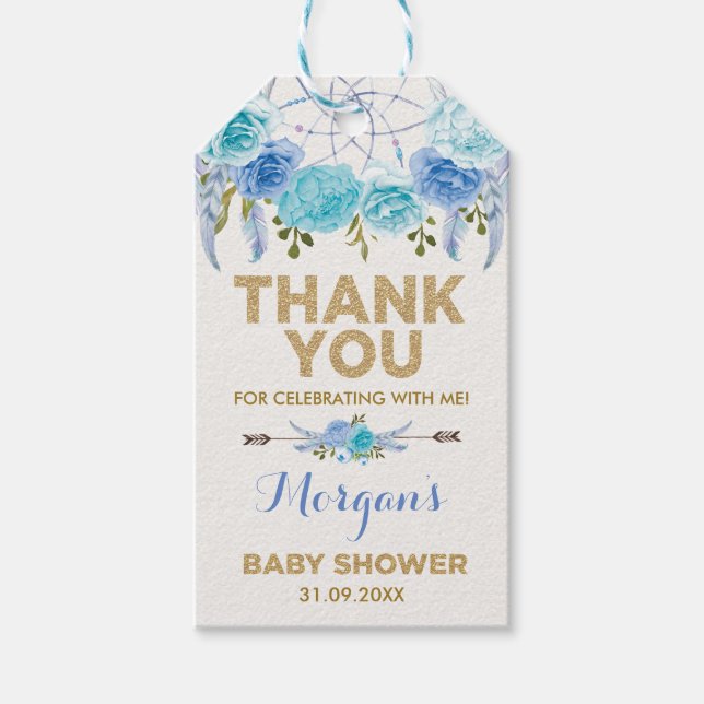 Favoriter för Boho Blue Blommigt Dreamcatcher Baby Presentetikett (Framsidan)