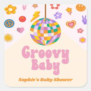 Favoriter för Dico Boll Baby Shower för Groovy Ret Fyrkantigt Klistermärke