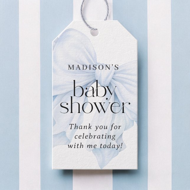 Favoriter för elegant Blue Bow Baby Shower Presentetikett (Skapare uppladdad)