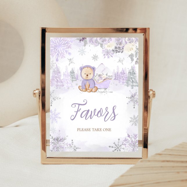 Favoriter för lila Vinterbesökare för babykläder Poster (Purple Teddy Bear Baby Shower Favors Sign)