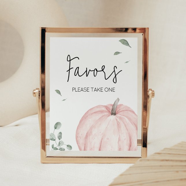 Favoriter för minimalistisk babybabyknare för rosa poster (Watercolor Pumpkin Baby Shower Favors Sign)