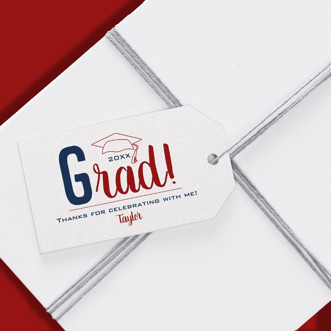 Favoriter för mörk Red and Blue Studentmössa Party Presentetikett (3.5" x 2" personalized grad cap  favor gift tags in navy blue and dark red)