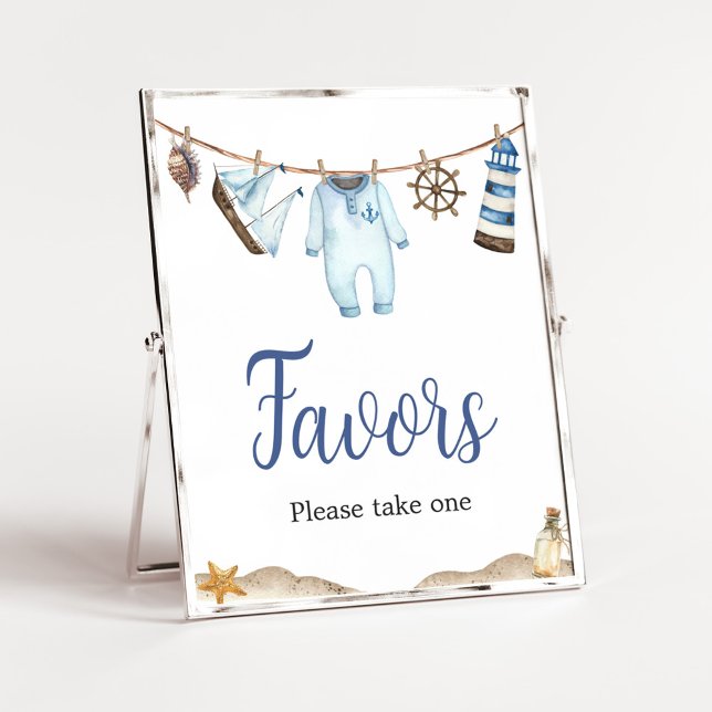 Favoriter för nautisk sjöräddningstjänst poster (Nautical Ahoy Baby Shower Favors Sign)