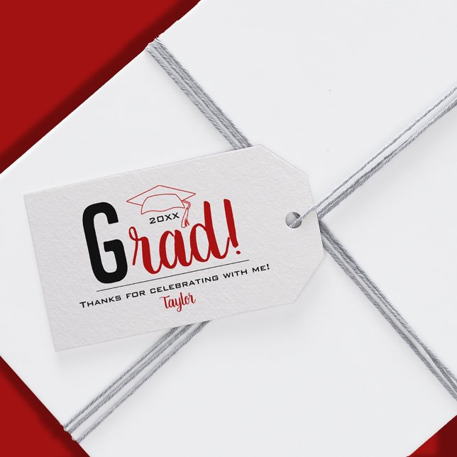 Favoriter för parti för scarlet och svart Studentm Presentetikett (Scarlet and Black Graduation Cap Party Favor Gift Tags)