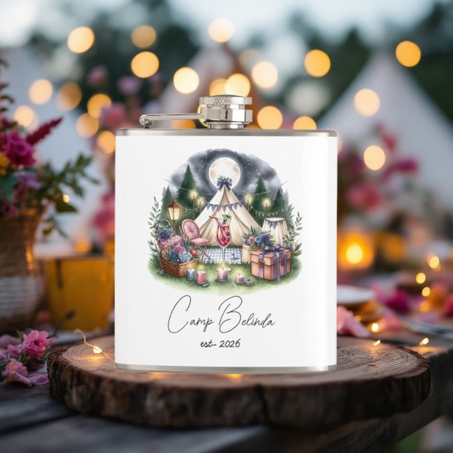 Favoriter för Personlig av Rustic Camp Bride Fickplunta (Rustic Camp Bride Personalized Party Favor Flask)