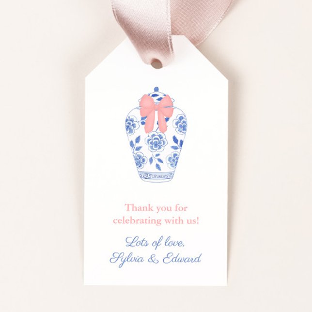 Favoriter för Preppy Rosa Bow Ginger Burk Flicka Presentetikett (Chinoiserie chic ginger jar with pink bow little girl baby shower favor tags)