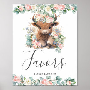 Favoriter för rosa Blommigt Cute Highland Cow Baby Poster