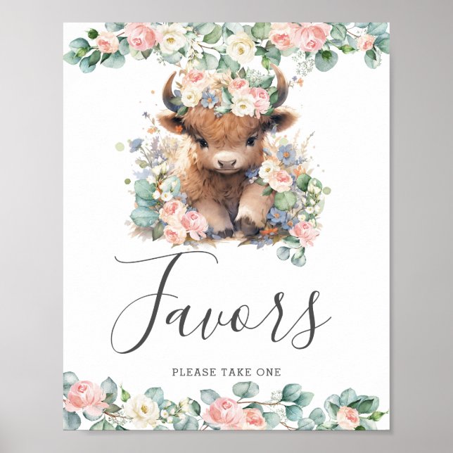 Favoriter för rosa Blommigt Cute Highland Cow Baby Poster (Framsidan)