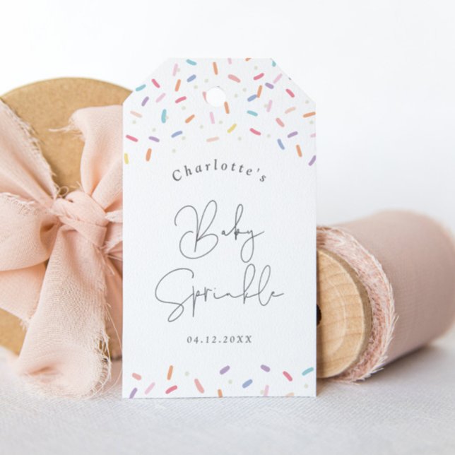 Favoriter för Sprinkles-skannern Baby för Cute Rai Presentetikett (Cute Rainbow Baby Sprinkle Shower Favor Tags.)