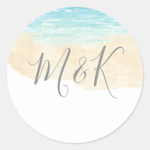 Favoriter för Watercolor Beach Wedding initialer N Runt Klistermärke