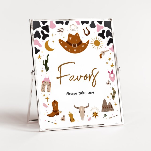 Favoriter för Westerna rosa Cowgirl Baby Shower-fa Poster (Boho Wild West Rodeo Baby Shower Favors Sign)