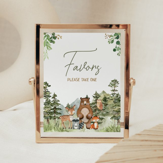 Favoriter i Grey Woodland Animals Baby Shower Favo Poster (Greenery Forest Animals Baby Shower Favors Sign)