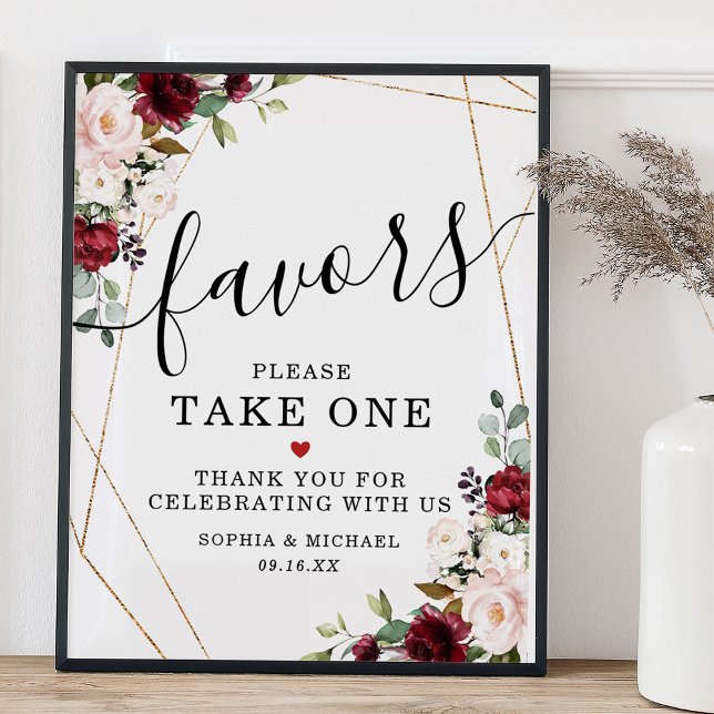 Favoriter - ta en Burgundy Bouquet Guld-form Poster (Favor Please Take One Burgundy Bouquet Gold Shape Poster)