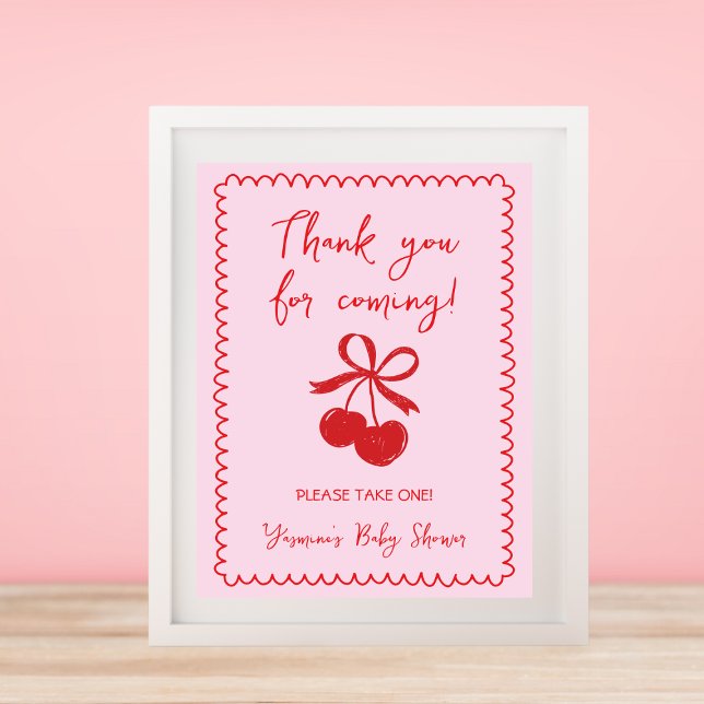 Favoriter - ta en Flicka-dusch med en körsbärsbow Poster (Favors Please Take One Cherry Bow Baby Girl Shower Poster)